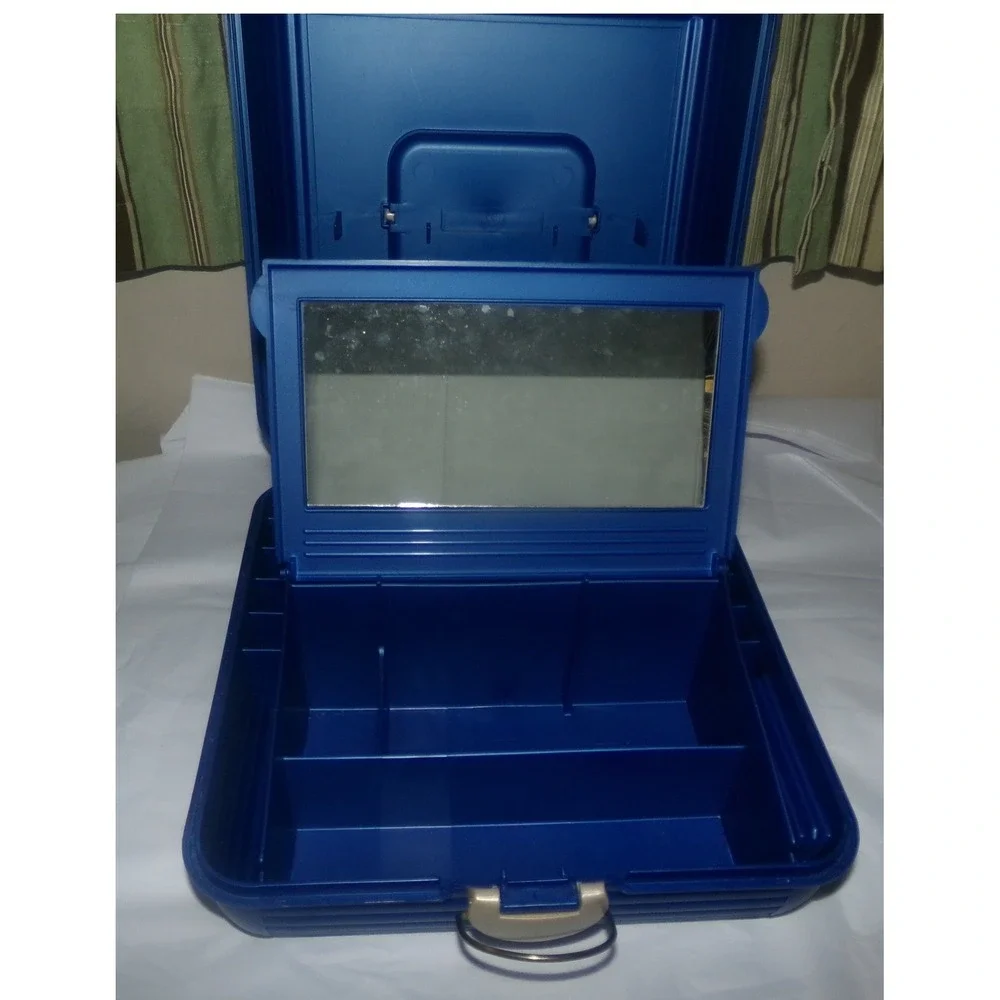 Vintage Sassaby Makeup Organizer Box Blue Hard Plastic Vanity Case Mirror 90s